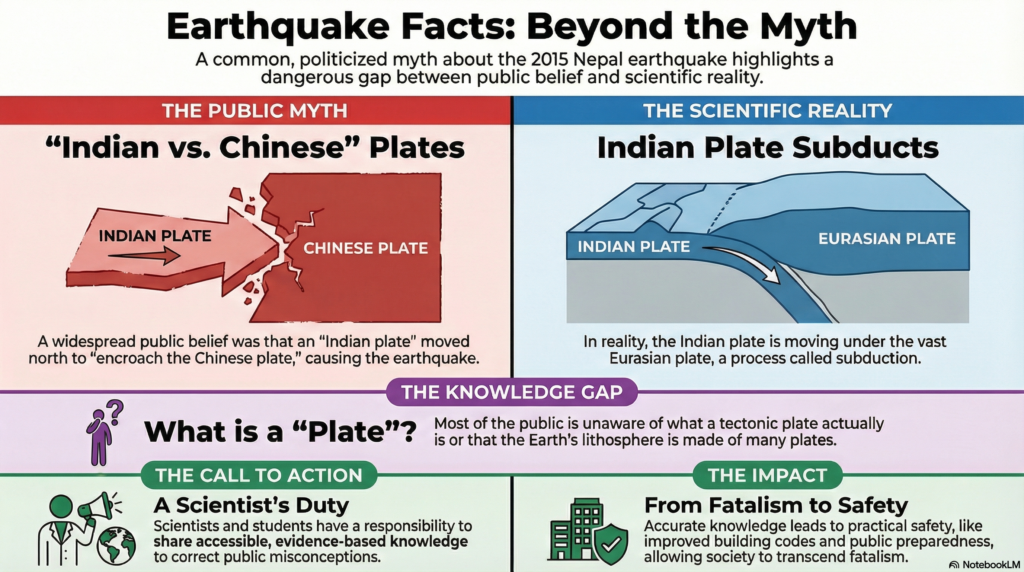 An infographic showing politicization of plate tectonic activity, highlighting the need for scientific literacy